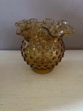 Fenton Amber Hobnail Ruffled Top Vase